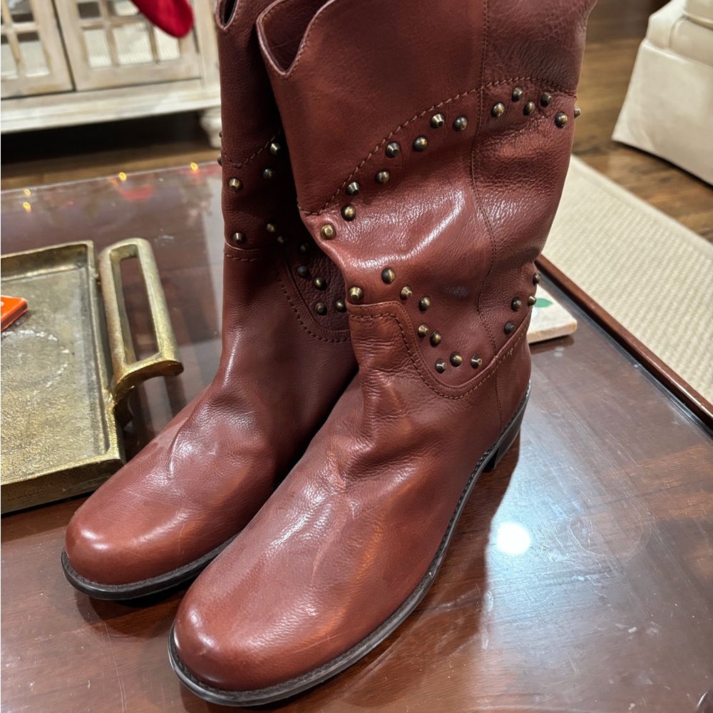 Stuart Weitzman Brown Leather Studded Boots - Picture 2 of 4
